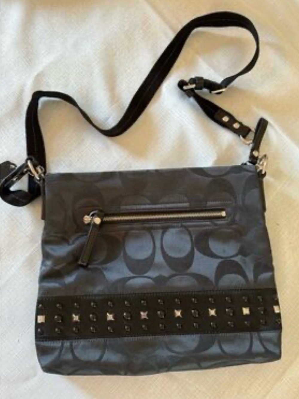 Coach Black Signature Sateen Crossbody w Stud Accents  12x10 GUC